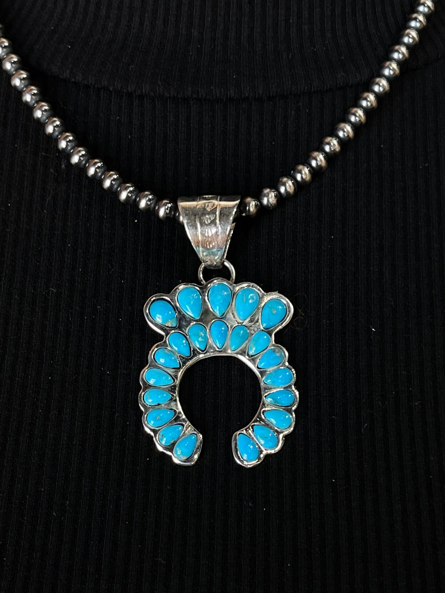 18" 4mm Navajo Pearls with Turquoise Naja 7.6mm Bale Pendant by Jimson Belin, Navajo