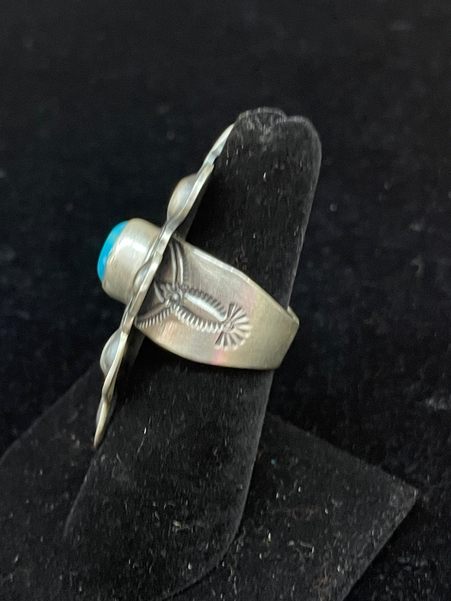 Turquoise Stone Stamped Concho Ring by J. Piaso, Jr., Navajo