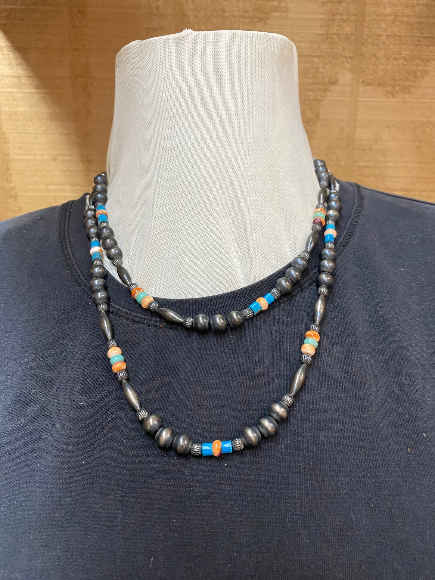 Vintage 7mm Navajo Pearl with Turquoise & Spiny Oyster 40" Necklace