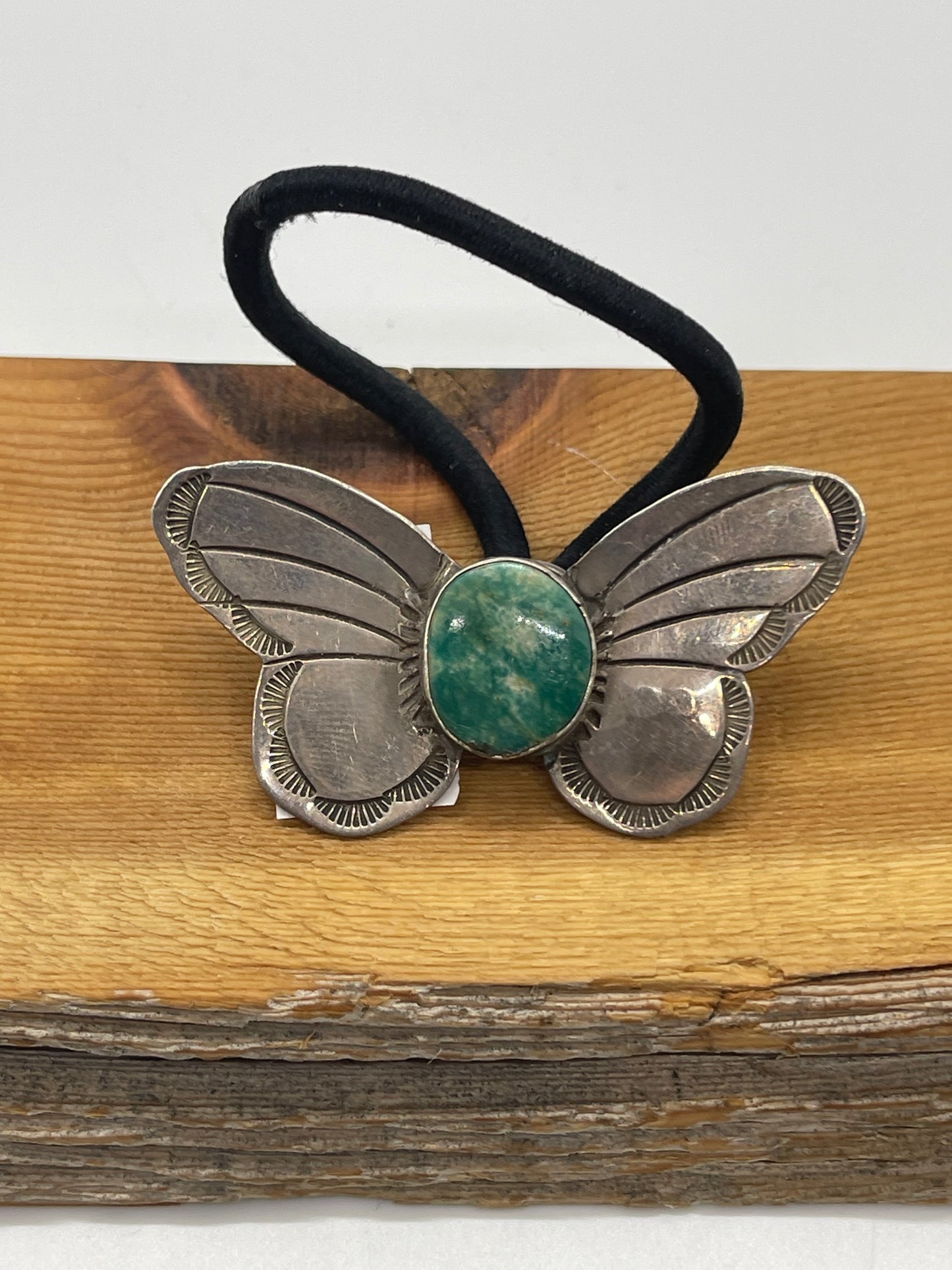 Silver Butterfly Ponytail Holder with Turquoise by Rick Enriquez, Navajo