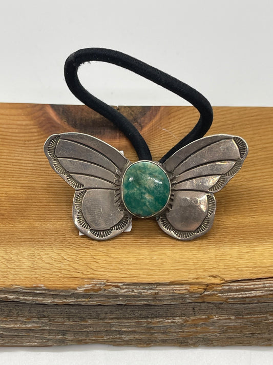 Silver Butterfly Ponytail Holder with Turquoise by Rick Enriquez, Navajo