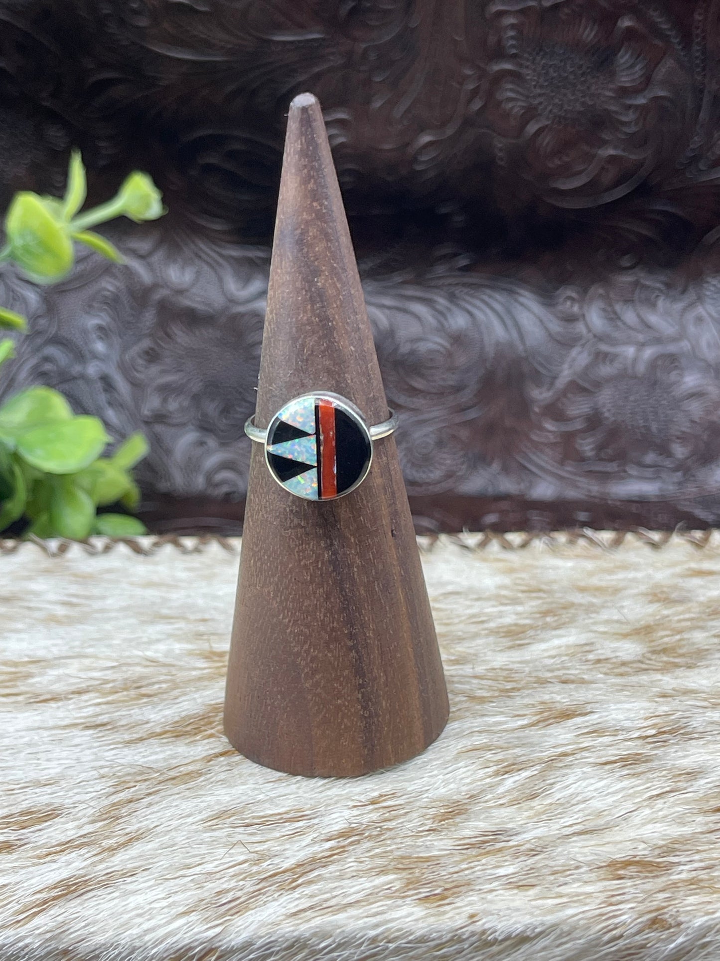 6.5 Coral, Opal, Onyx Inlay Ring by Tyrone Martinez, Navajo