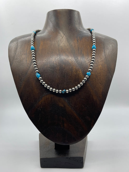 18" 5mm Navajo Style Pearls with Turquoise Chunks Necklace