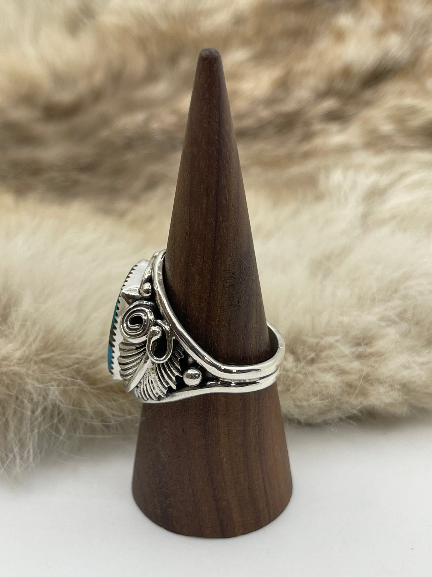 12.0 Turquoise Ring with Feather by Darrell Morgan, Navajo