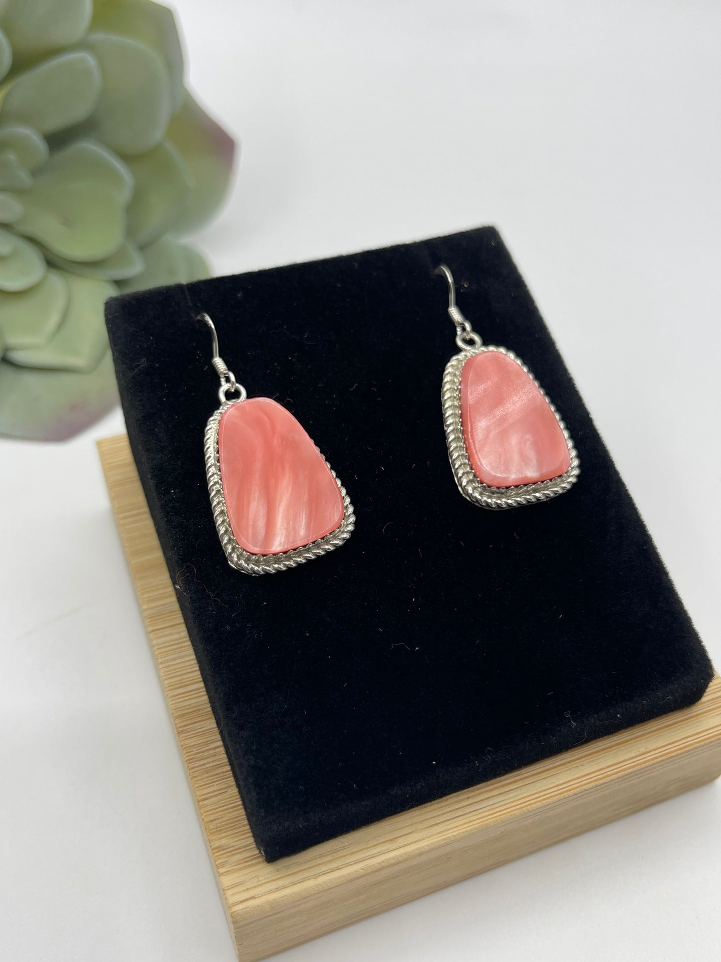 Pink Conch Shell Dangle Earrings by Gabi Jim, Navajo