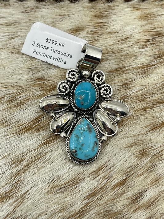 2 Stone Turquoise Pendant with a 6.5mm Bale by Gwendolyn Burnside on 20” 2.4mm Snake Chain