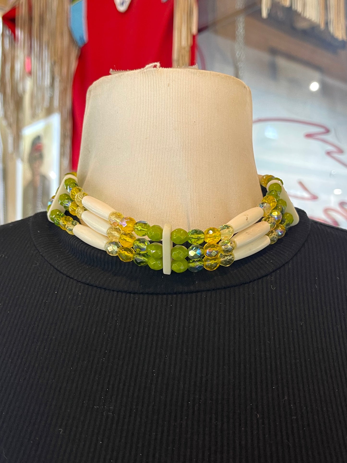 16" Yellow & Green Beaded Necklace Made from Glass & Bone