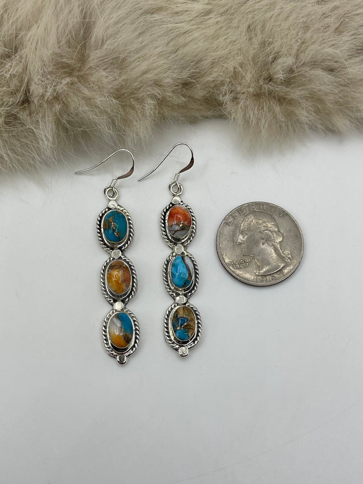 3 Stone Orange Crush Drop Dangle Earrings by Jennifer Yazzie, Navajo