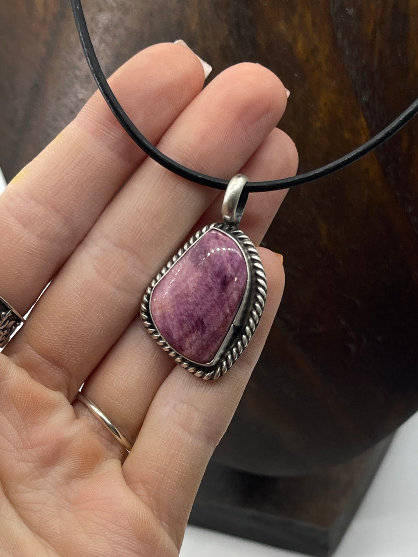 Purple Spiny Oyster Necklace on Leather Chain by Johnny Dixon, Navajo (Matrix Varies)