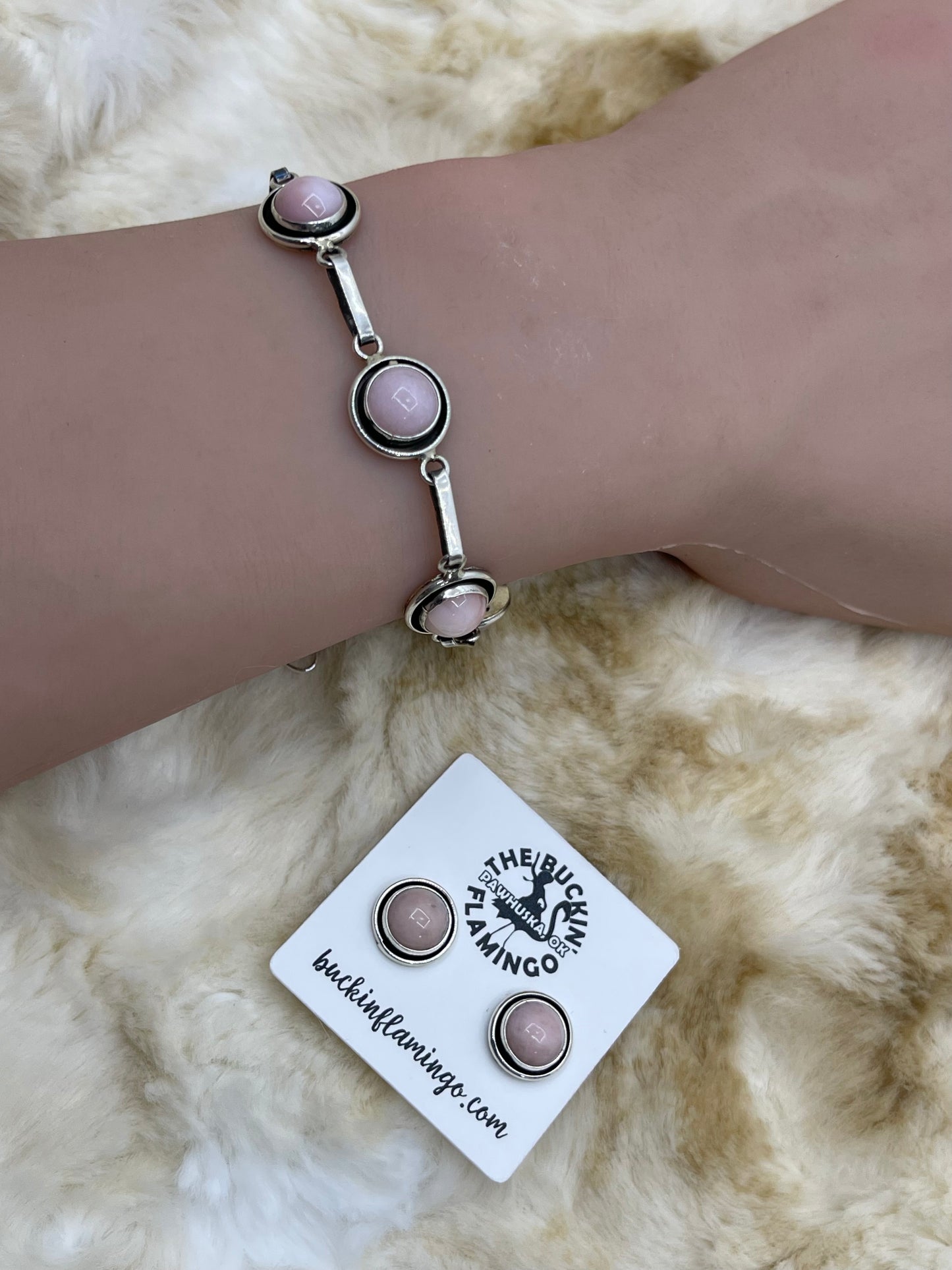 6"-7.75" Pink Conch Link Bracelet & Earring Set by martin Perry, Navajo