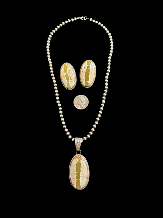 20” 6mm Boulder Ribbon Pendant & Navajo Pearls Necklace & Earrings set By Tommy Jackson, Navajo