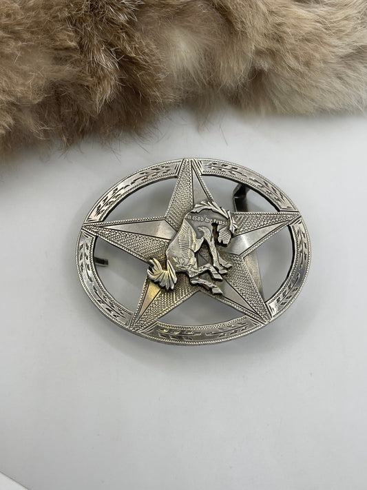 Hand Engraved Star Buckle with Silver Dollar Coin Buckin’ Bronc by Bad Bronc