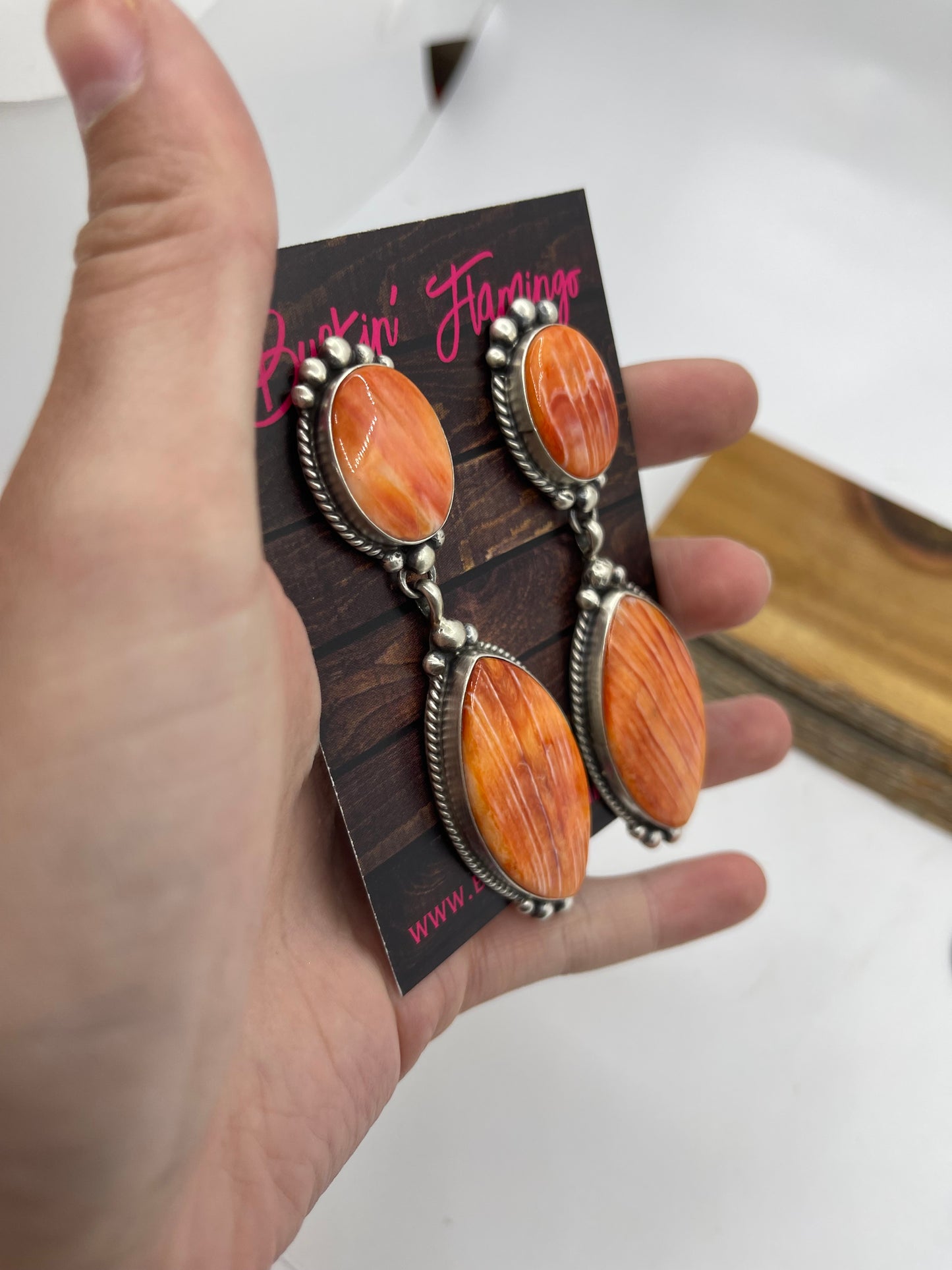 3 1/2" 2 Stone Orange Spiny Oyster Shell Post Dangle Earrings by Elouise Kee, Navajo