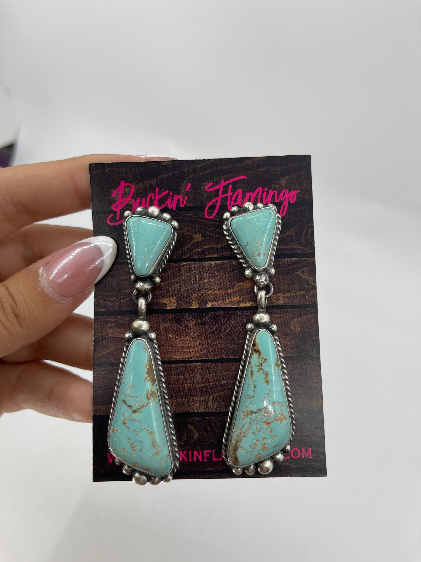 2 Stone Kingman Turquoise Drop Dangle Post Earrings by Elouise Kee, Navajo