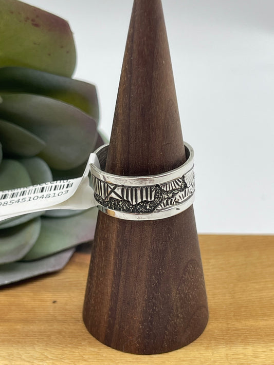 9.0 Silver Overlay Storyteller Ring by Elaine Becenti, Navajo