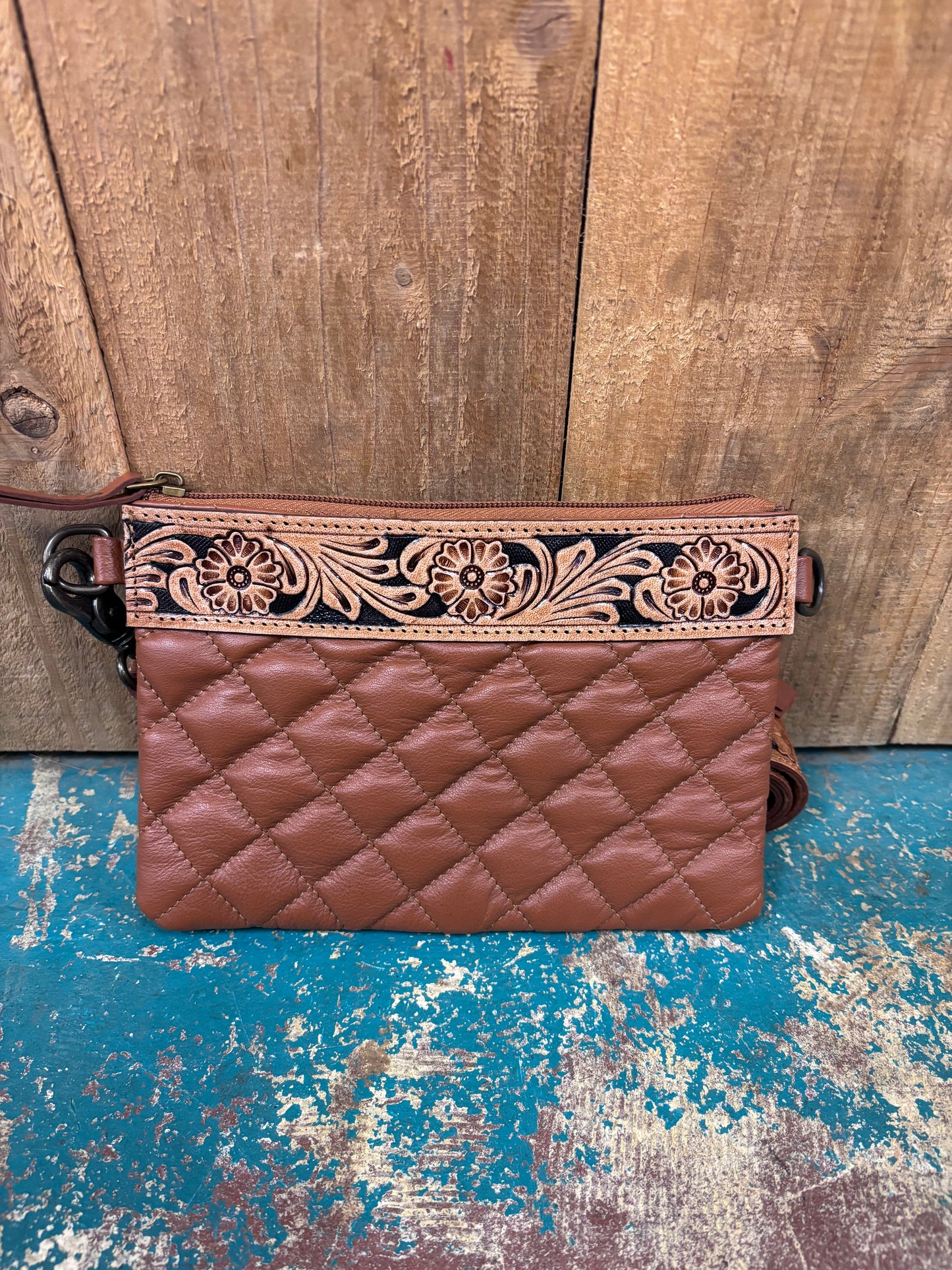 Brown Quilted And Tooled Leather Wallet/Crossbody Purse