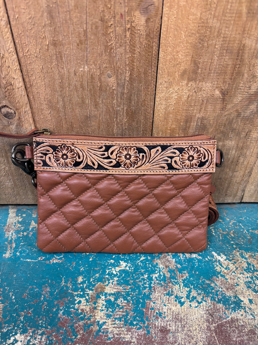 Brown Quilted And Tooled Leather Wallet/Crossbody Purse