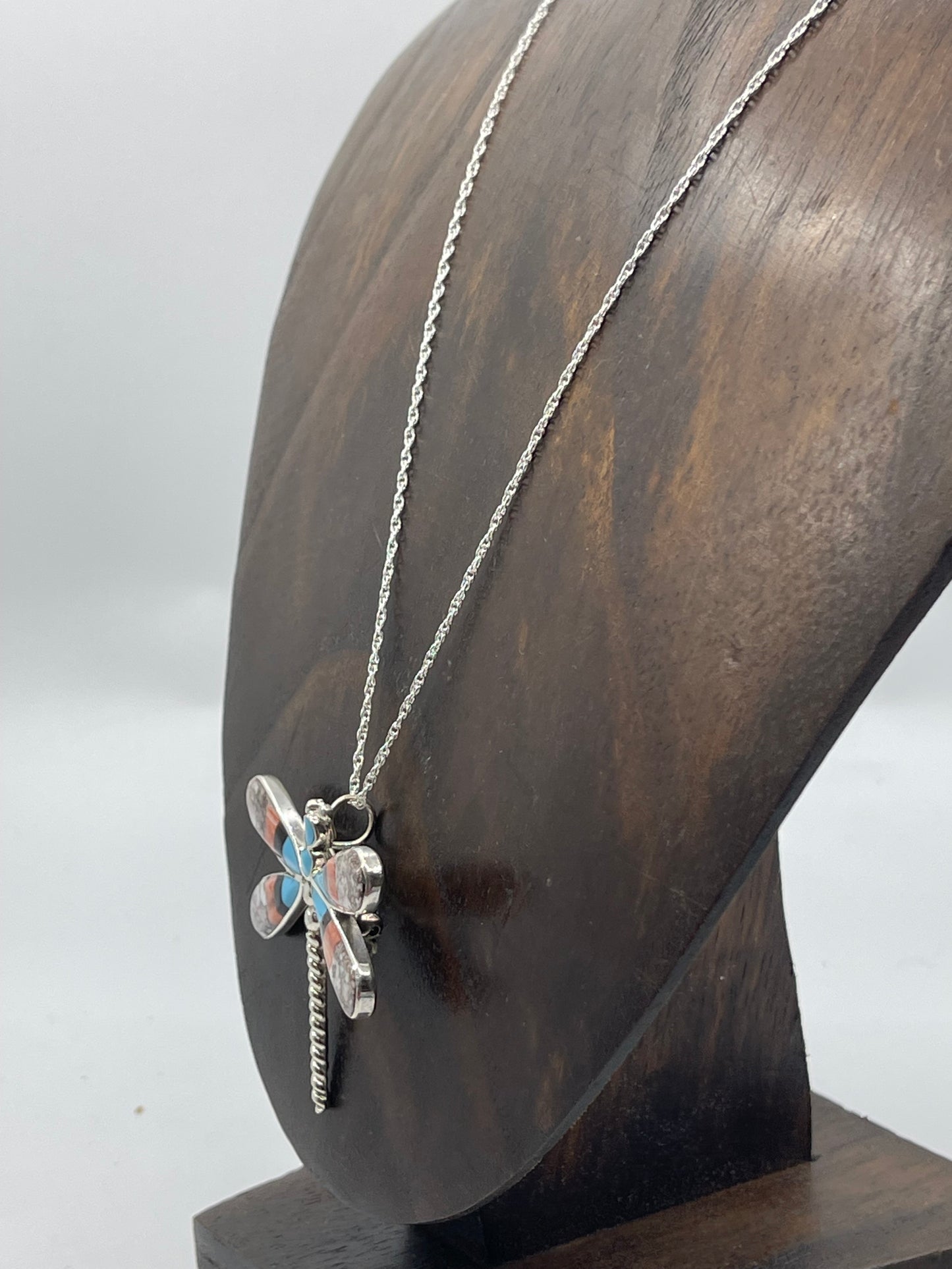 18" Wild Horse, Turquoise, Orange Spiny, and Black Onyx Dragonfly Pin/Pendant Combo Necklace by Angus Ahiyite, Zuni
