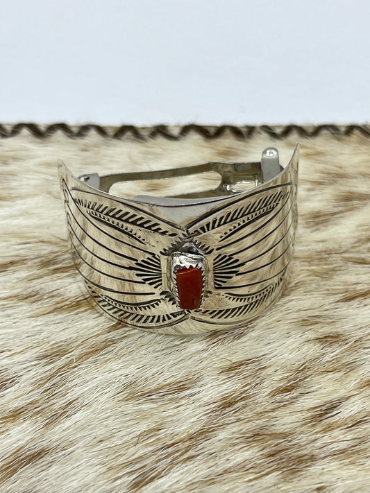 LOT 82 A 9/27 Red Coral Stamped Ponytail Barrette by Jolene Begay, Navajo