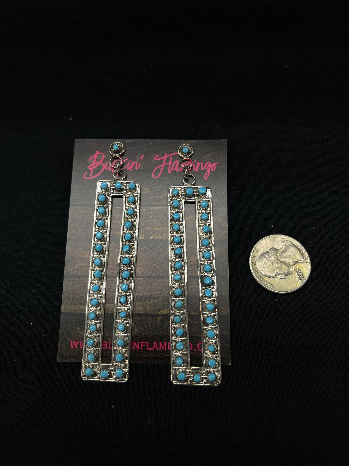 3 1/2" Lightweight Sleeping Beauty Turquoise Picture Frame Shaped Post Dangle Earrings by Marion Quarn, Zuni