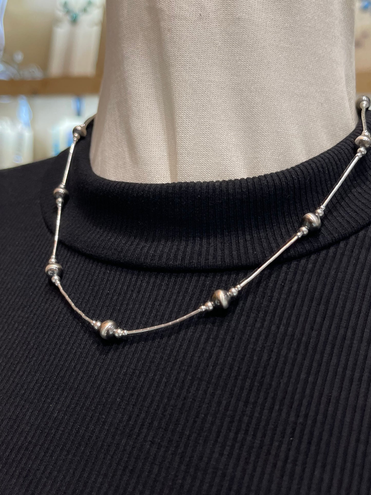 17" Liquid Silver Strand With 6mm Navajo Style Pearls