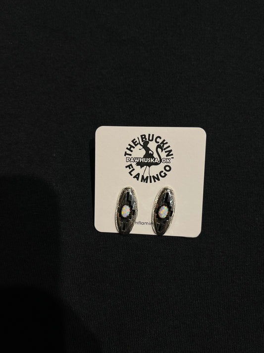 White Opal Shadowbox Oval Post Earrings by Felix Perry, Navajo