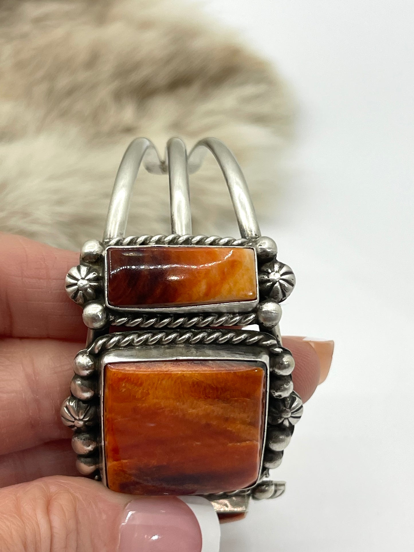 3 Stone Orange Spiny Oyster Cuff by Augustine Largo, Navajo