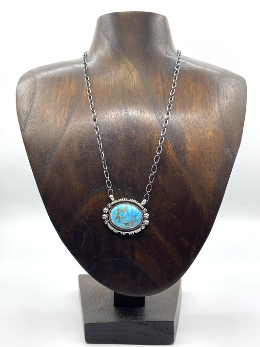 17" Kingman Turquoise Oval Stone Necklace by Marita Benally, Navajo