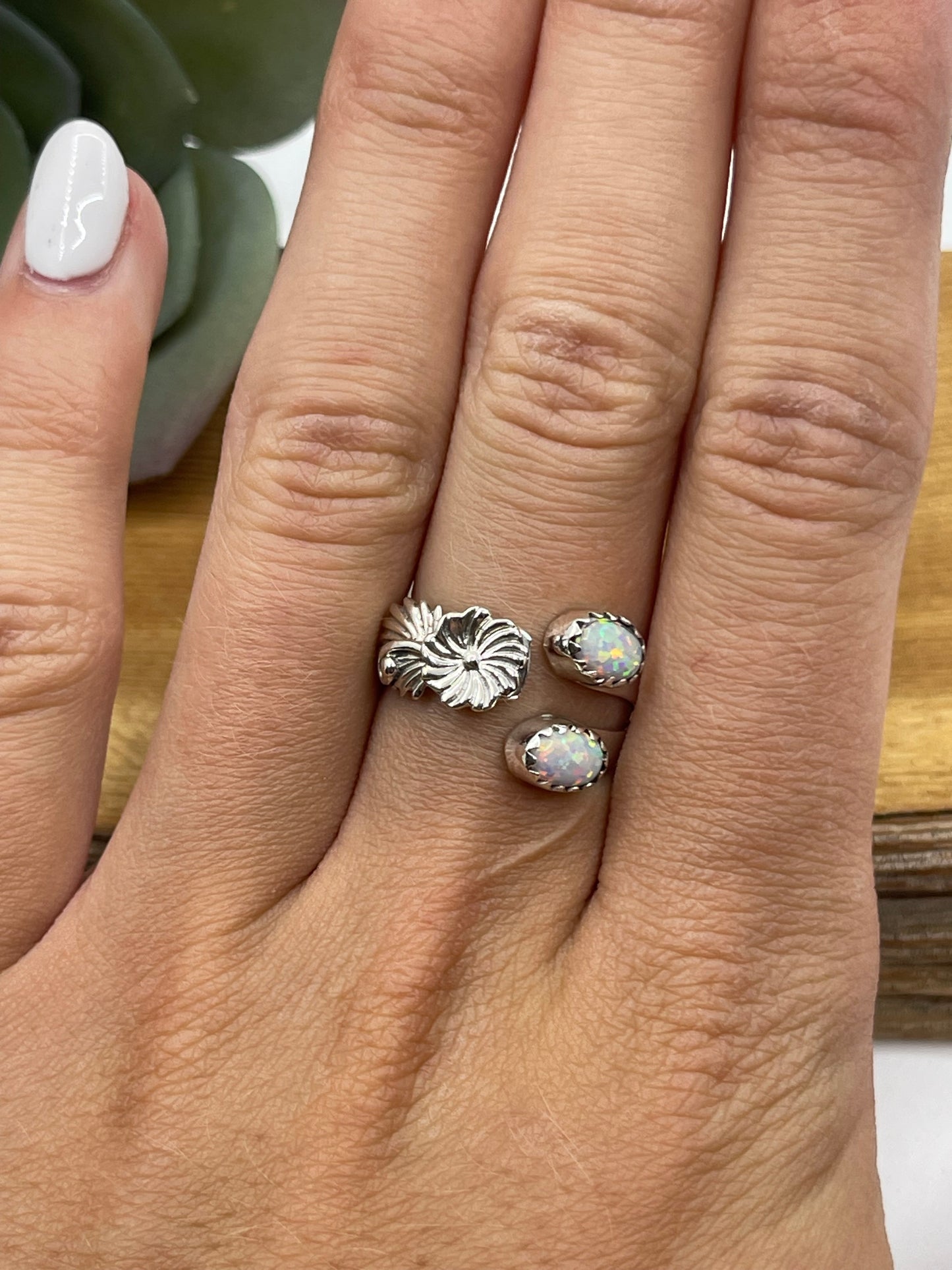 6.0 Semi Adjustable 2 Stone White Opal Ring with Flower by Robert Martinez, Navajo