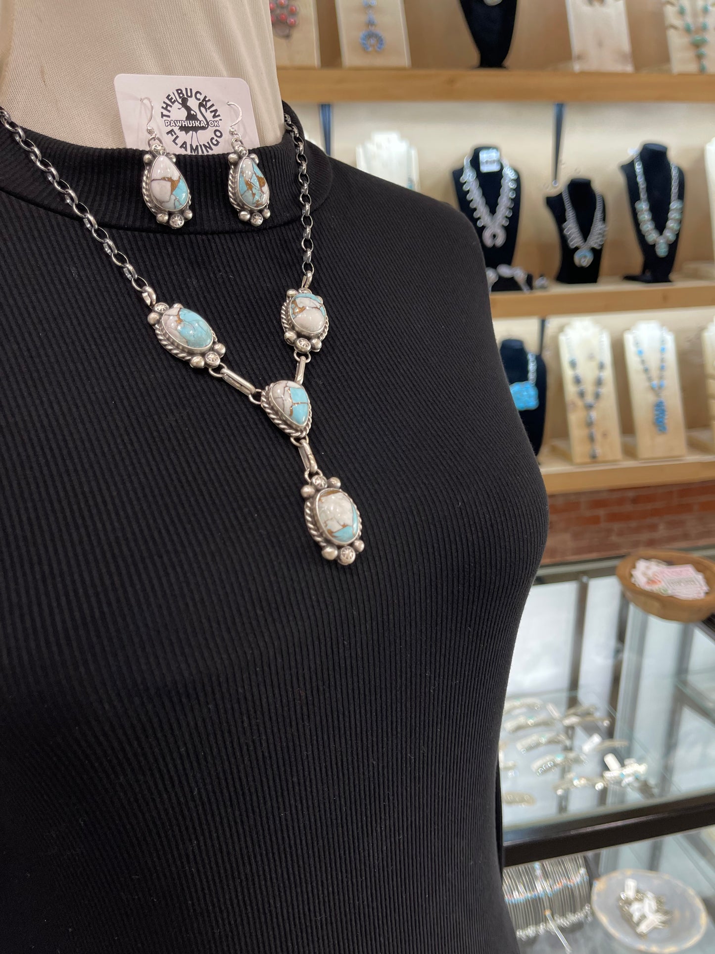 20" Cotton Candy Lariat with matching earrings by Augustine Largo, Navajo