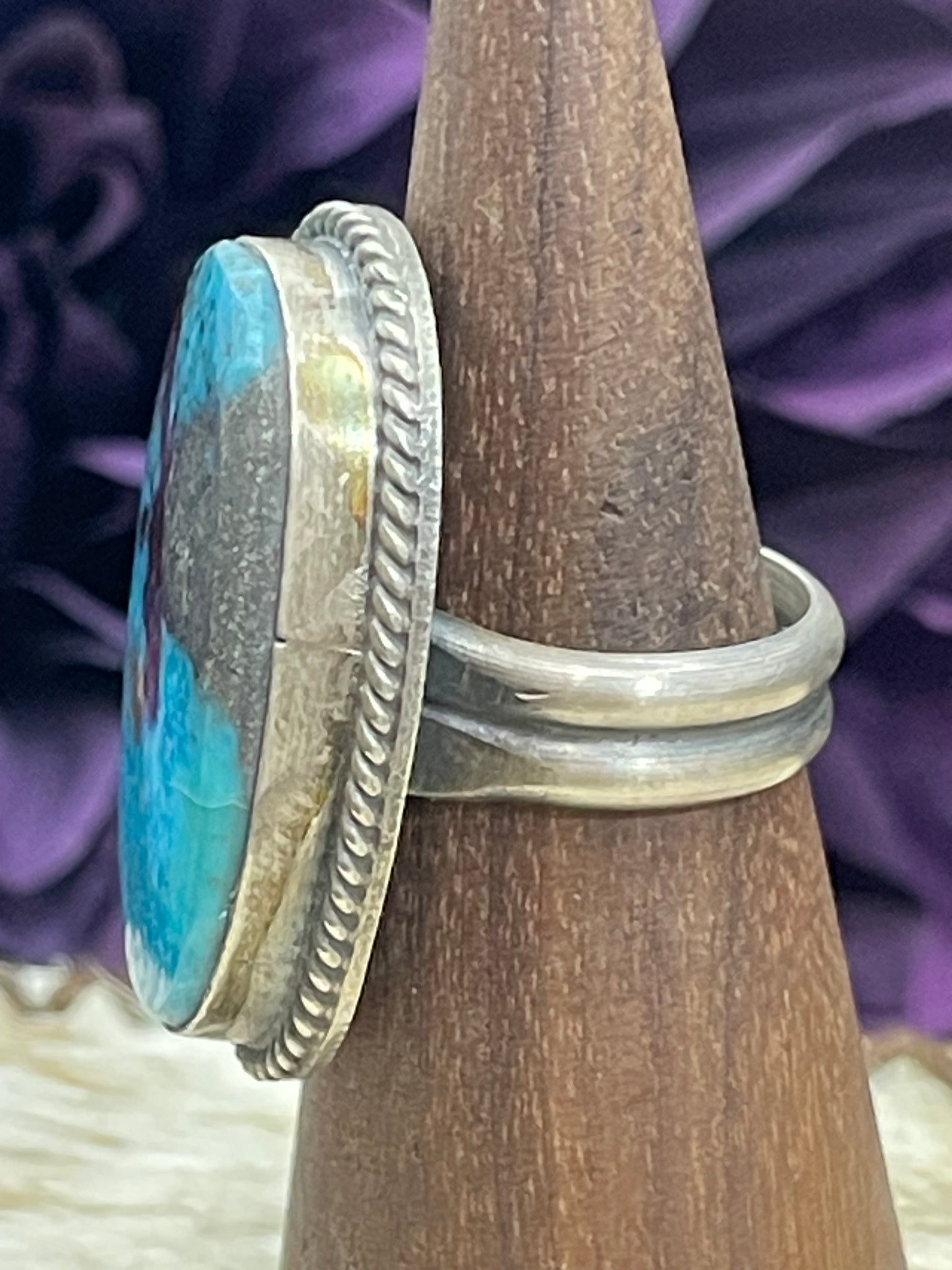 8.0 Oval Persian Turquoise Ring By Gilbert Nez, Navajo