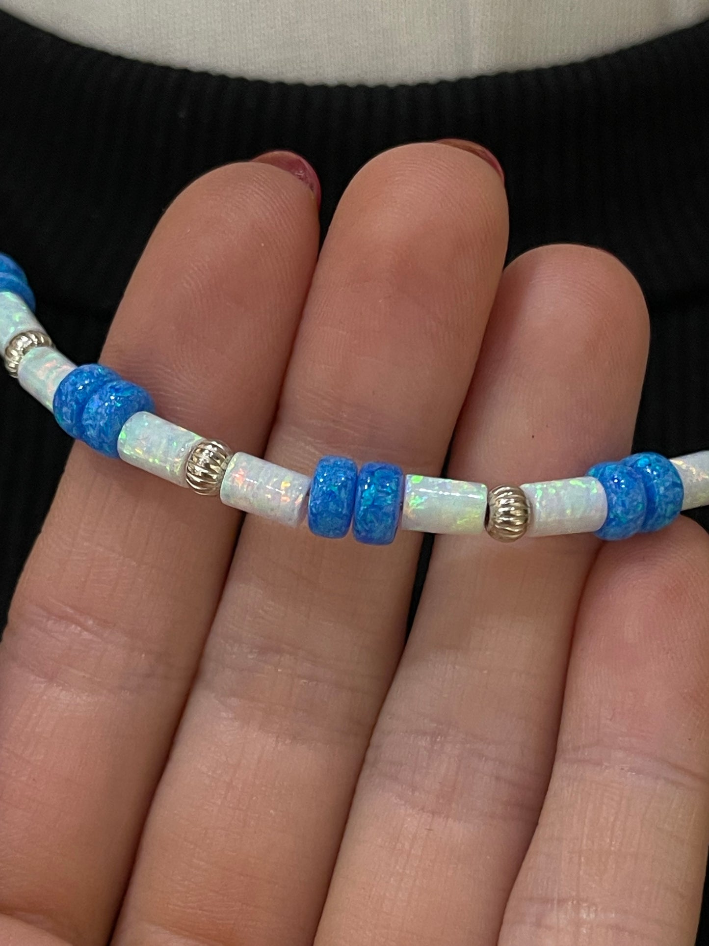 19" 4mm White, and 6mm Blue Opal Necklace with Dainty Sterling Silver Beads
