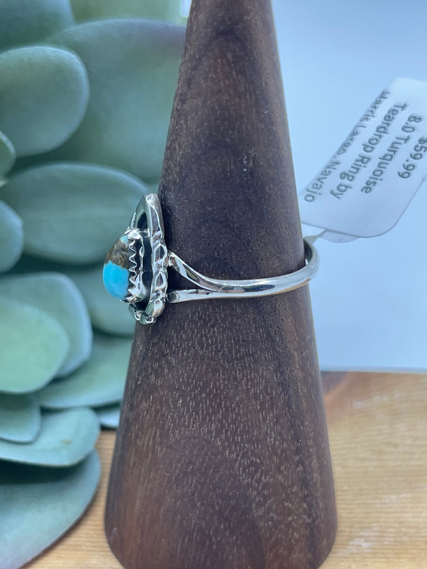 8.0 Turquoise Teardrop Ring by Harris Largo, Navajo