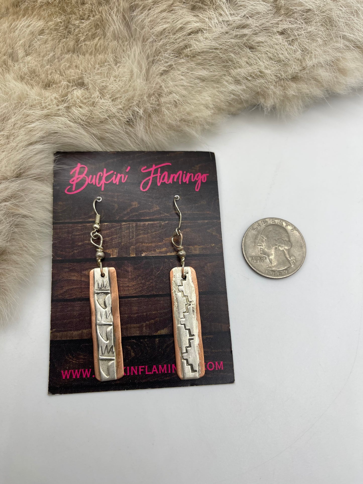 Silver and Copper Dangle Bar Earrings with Stamps by Apache