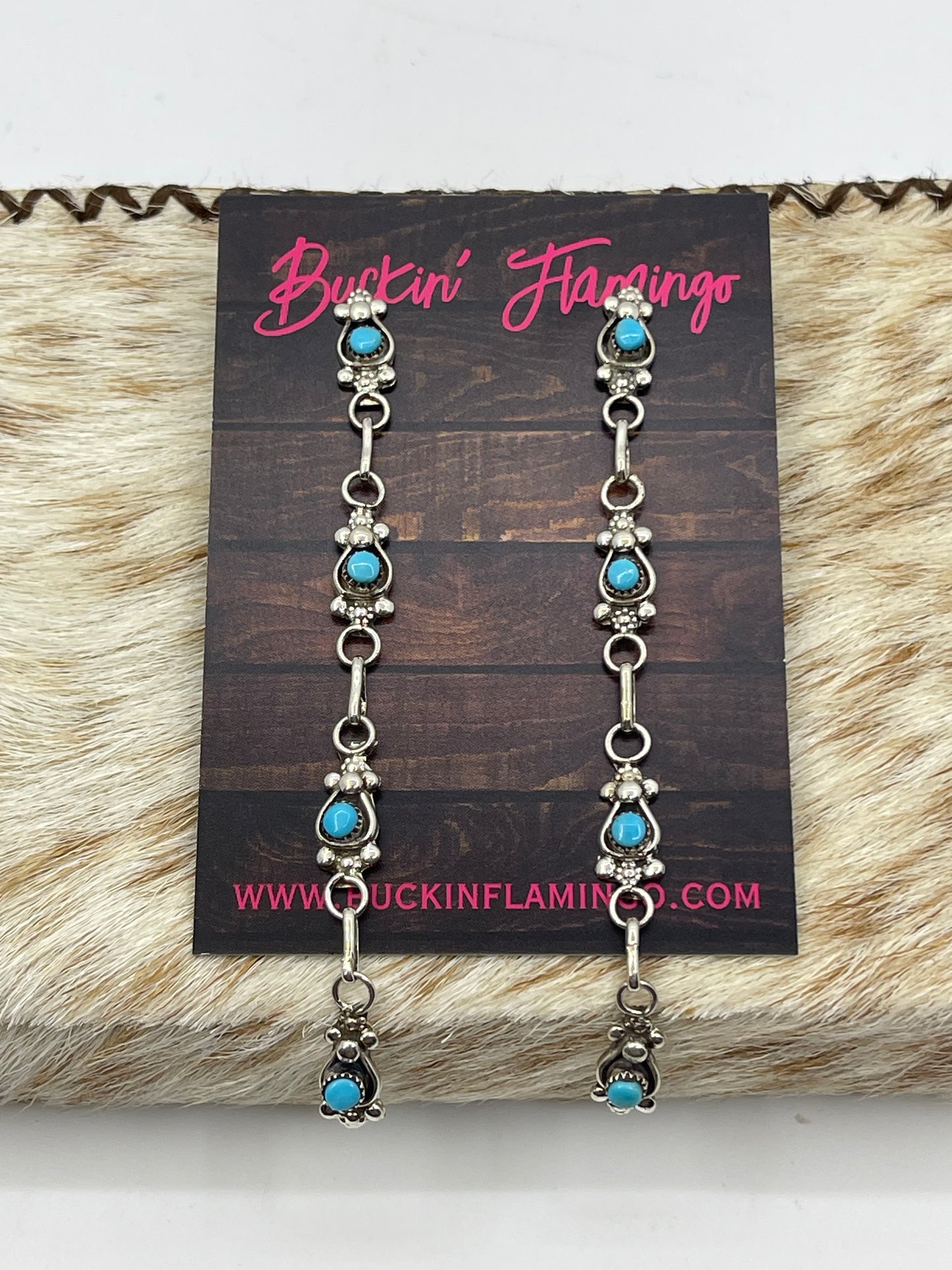 Zuni Turquoise Snake Eye Long Post Dangle Earrings by Verdi Booqua, Zuni