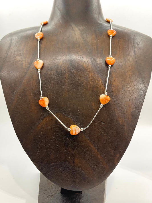 18 Inch Orange Spiny Oyster Hearts on Liquid Silver Necklace