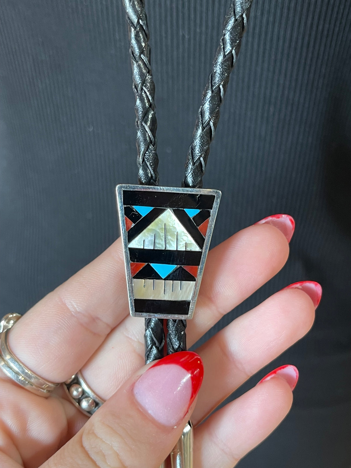 Mop, Coral, Turquoise and Onyx Bolo Tie