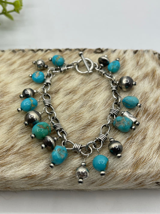 6.5" Handmade Navajo Pearls & Natural Sonoran Turquoise Bracelet