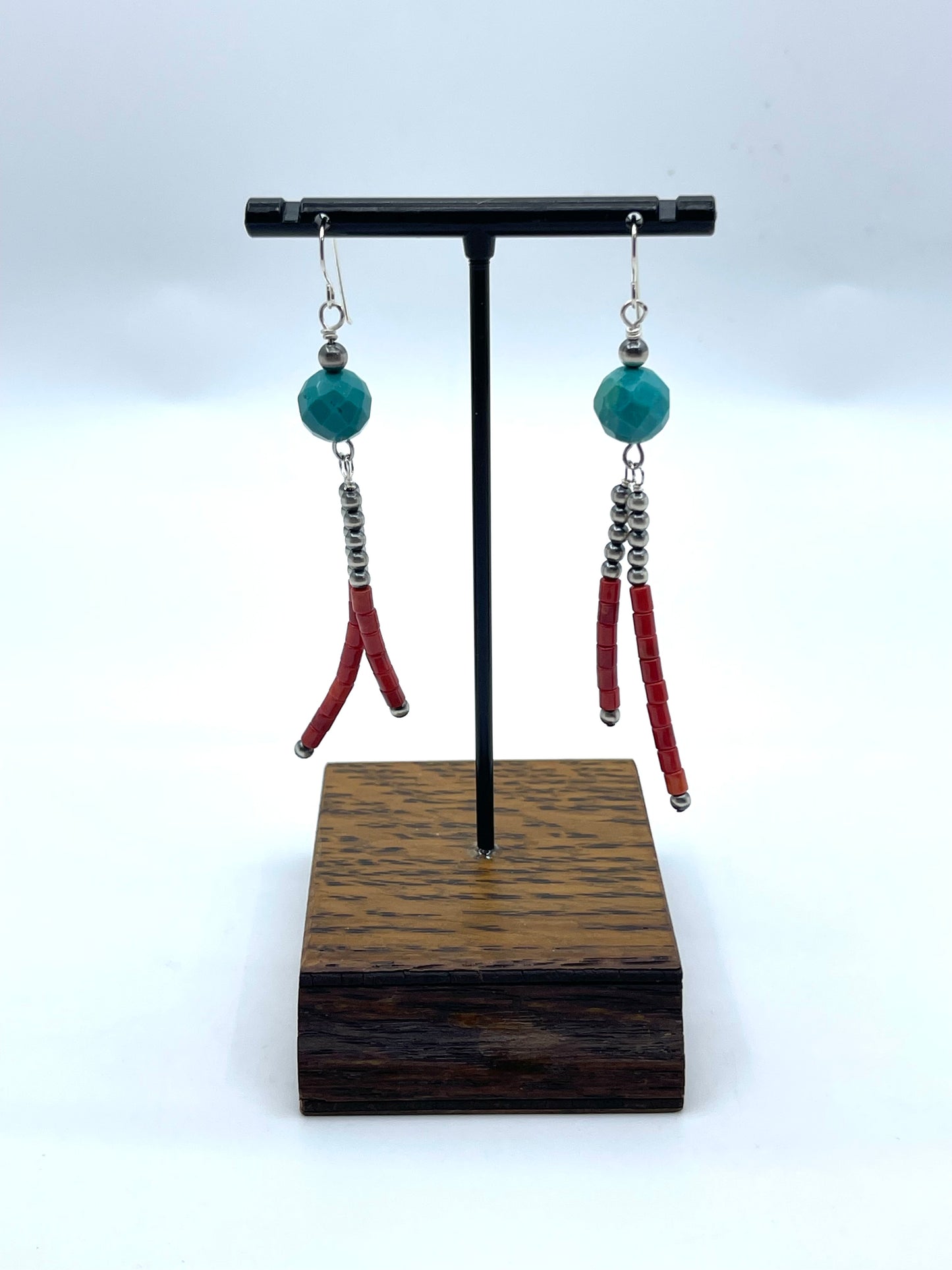Turquoise Faceted Bead Earrings with 3mm Navajo Style Pearls & Red Coral Tassel