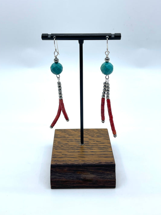 Turquoise Faceted Bead Earrings with 3mm Navajo Style Pearls & Red Coral Tassel