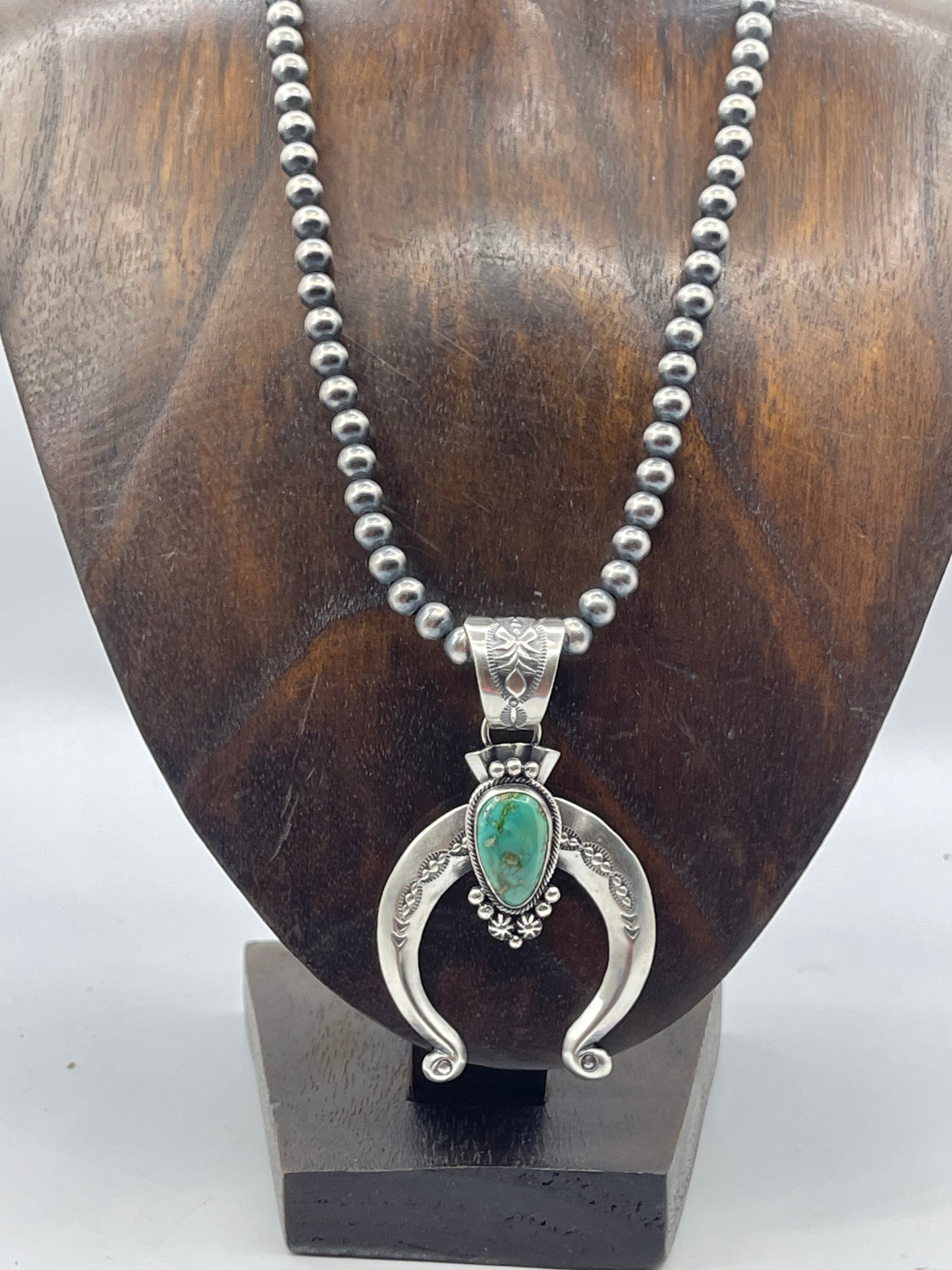 18" 6mm Navajo Pearls with Sonoran Gold Turquoise Naja Pendant by Samuel Yellowhair, Navajo