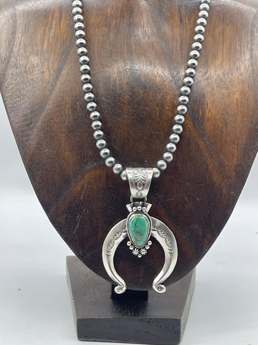 18" 6mm Navajo Pearls with Sonoran Gold Turquoise Naja Pendant by Samuel Yellowhair, Navajo