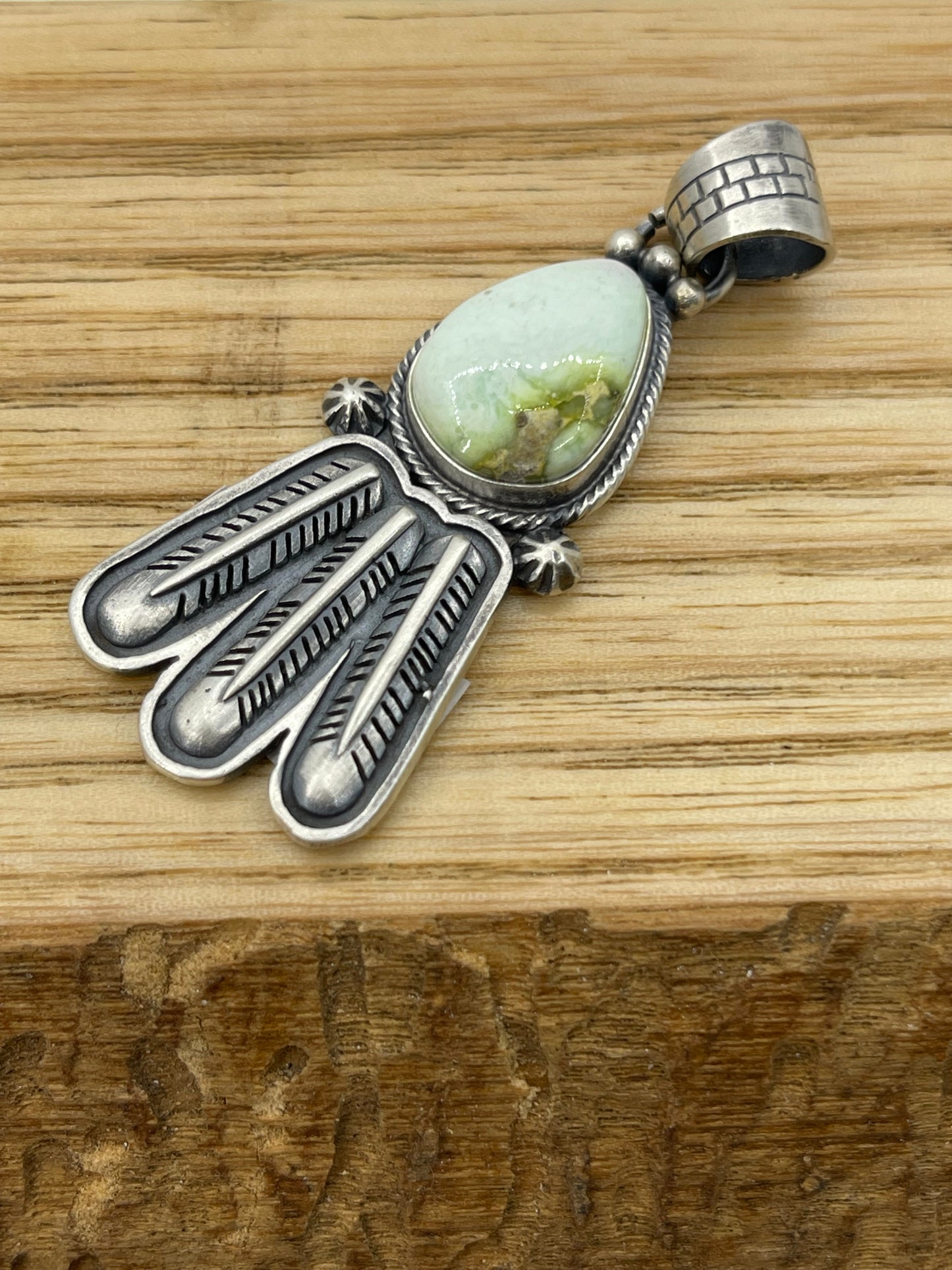 LOT 84 B 11/2 Palomino Turquoise Pendant with Feathers by Marita Benally, Navajo