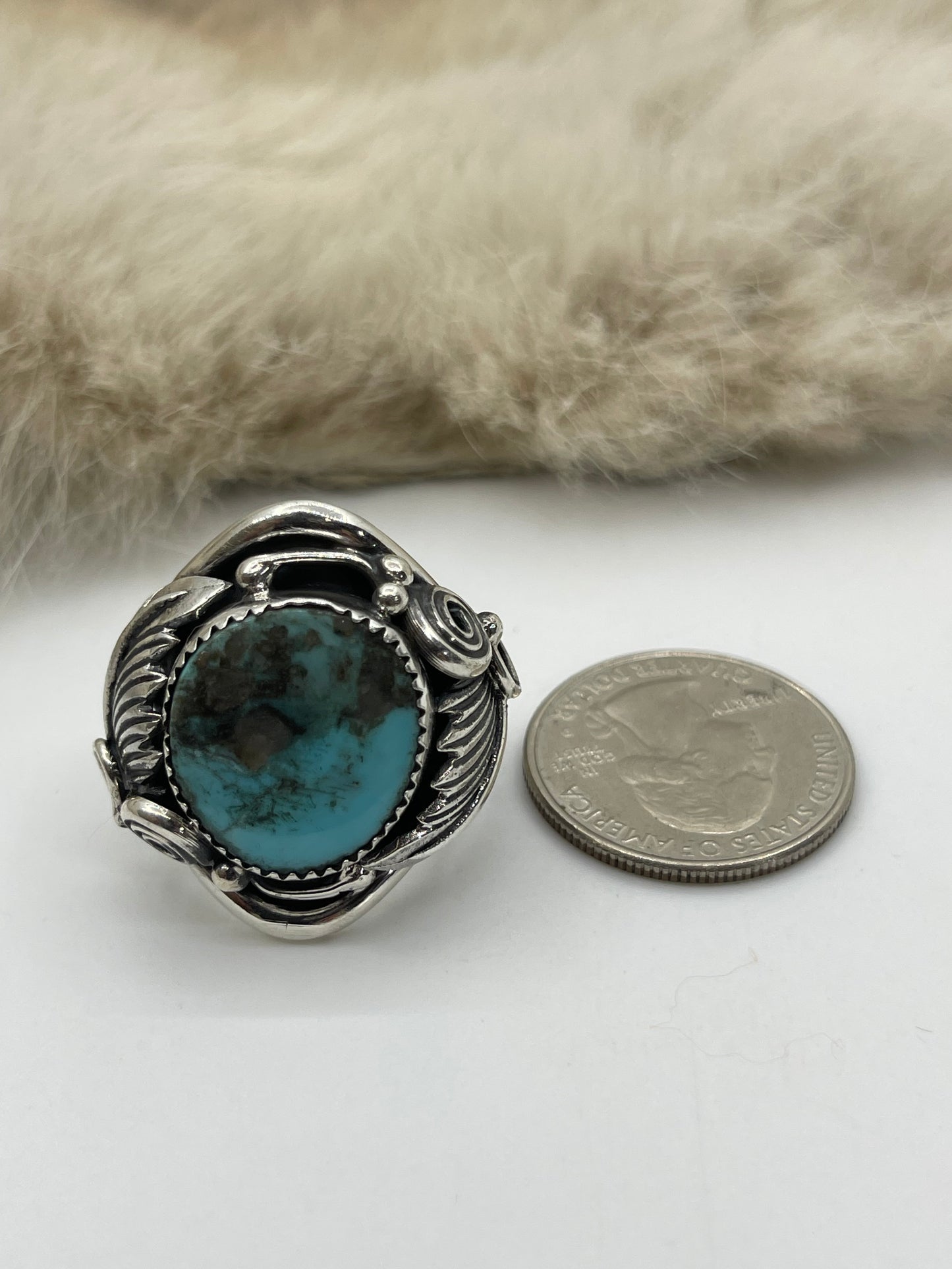 10.0 Turquoise Ring with Feather by Darrell Morgan, Navajo