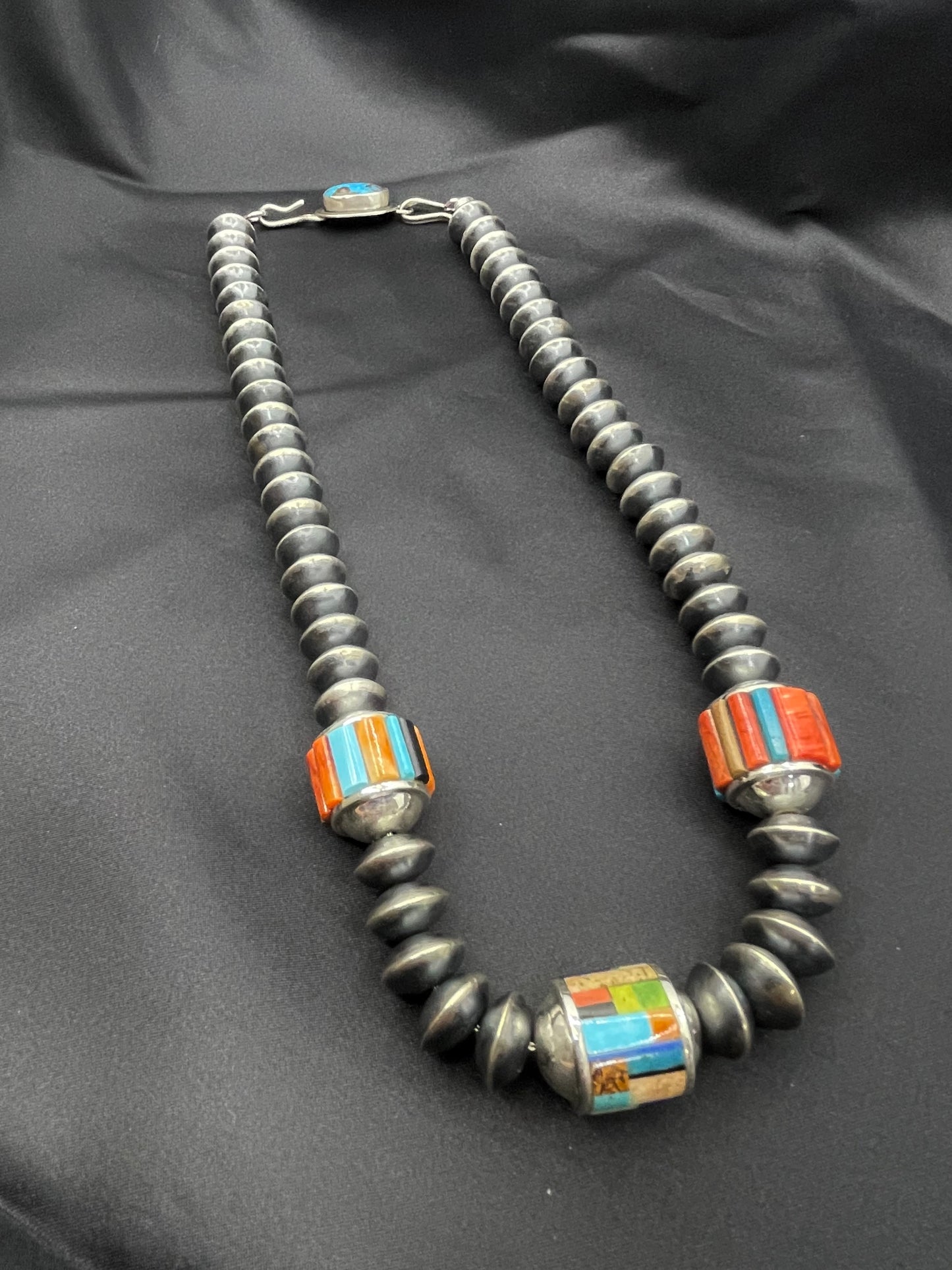 23” 14mm Handmade Navajo Pearls with Inlay Beads by Marie Jackson, Navajo
