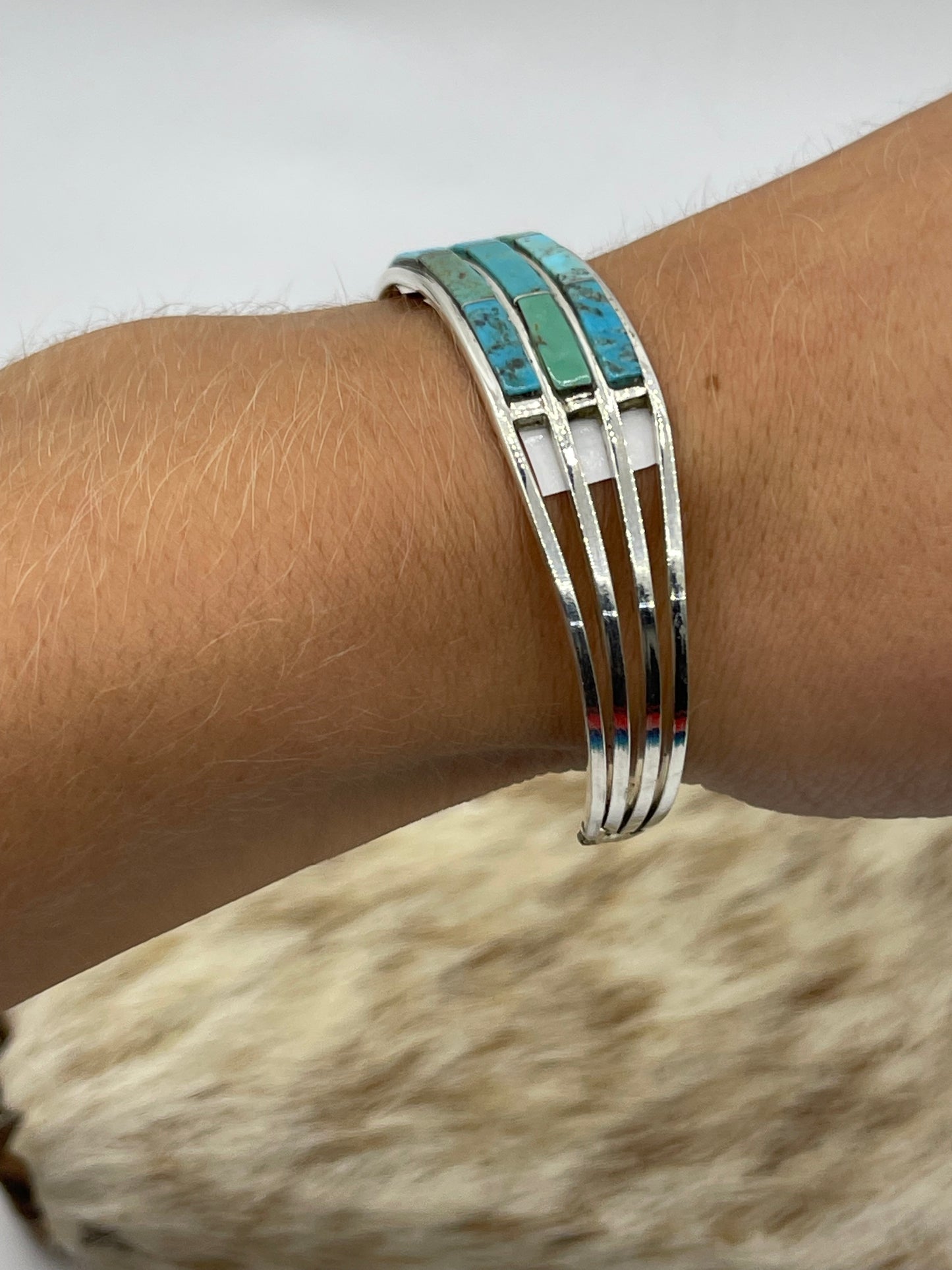 6 1/4" 3 Row Inlay Turquoise Cuff by Jamie Johnson, Navajo