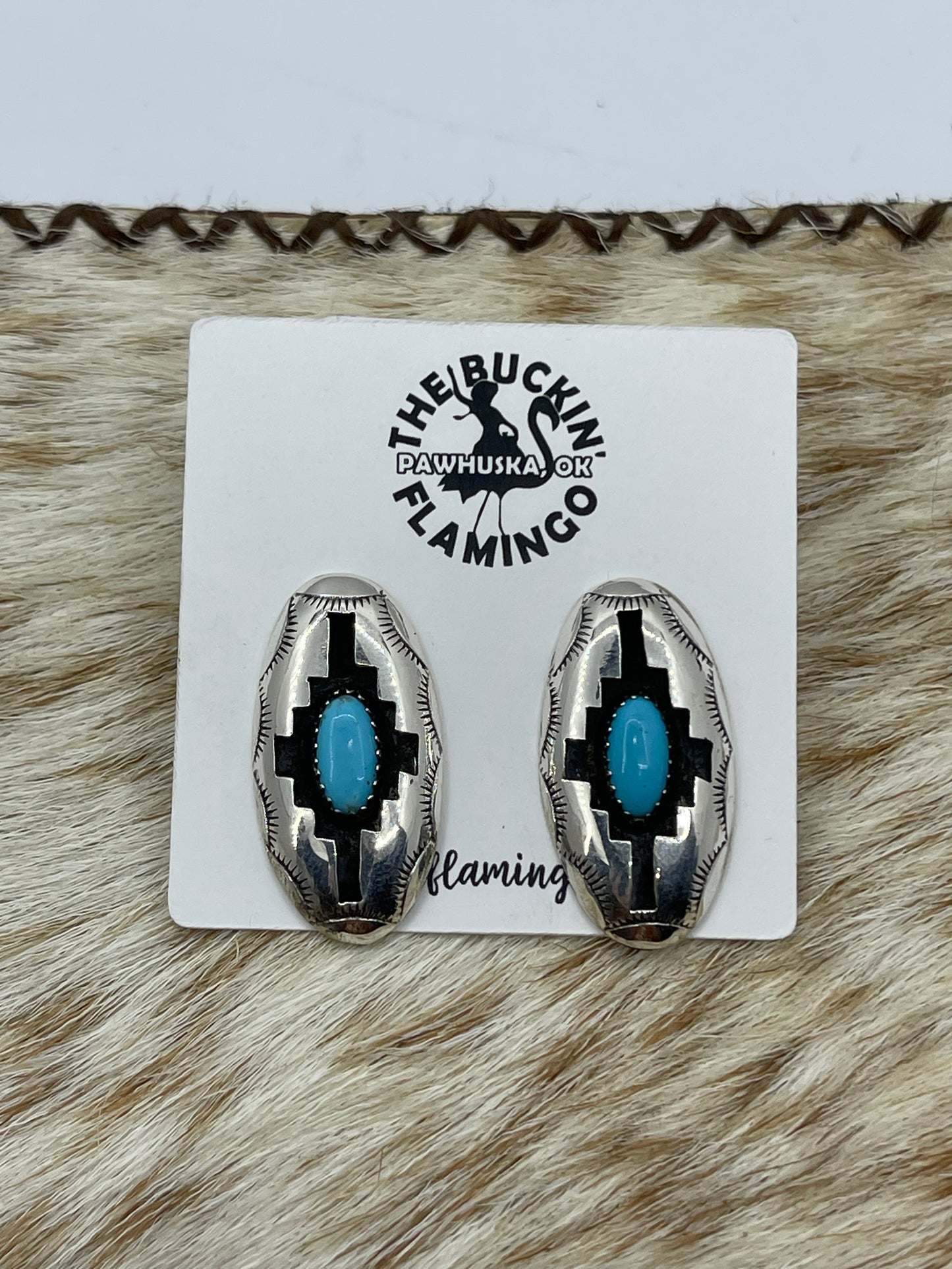 Oval Turquoise Shadowbox Post Earrings by Felix Perry, Navajo