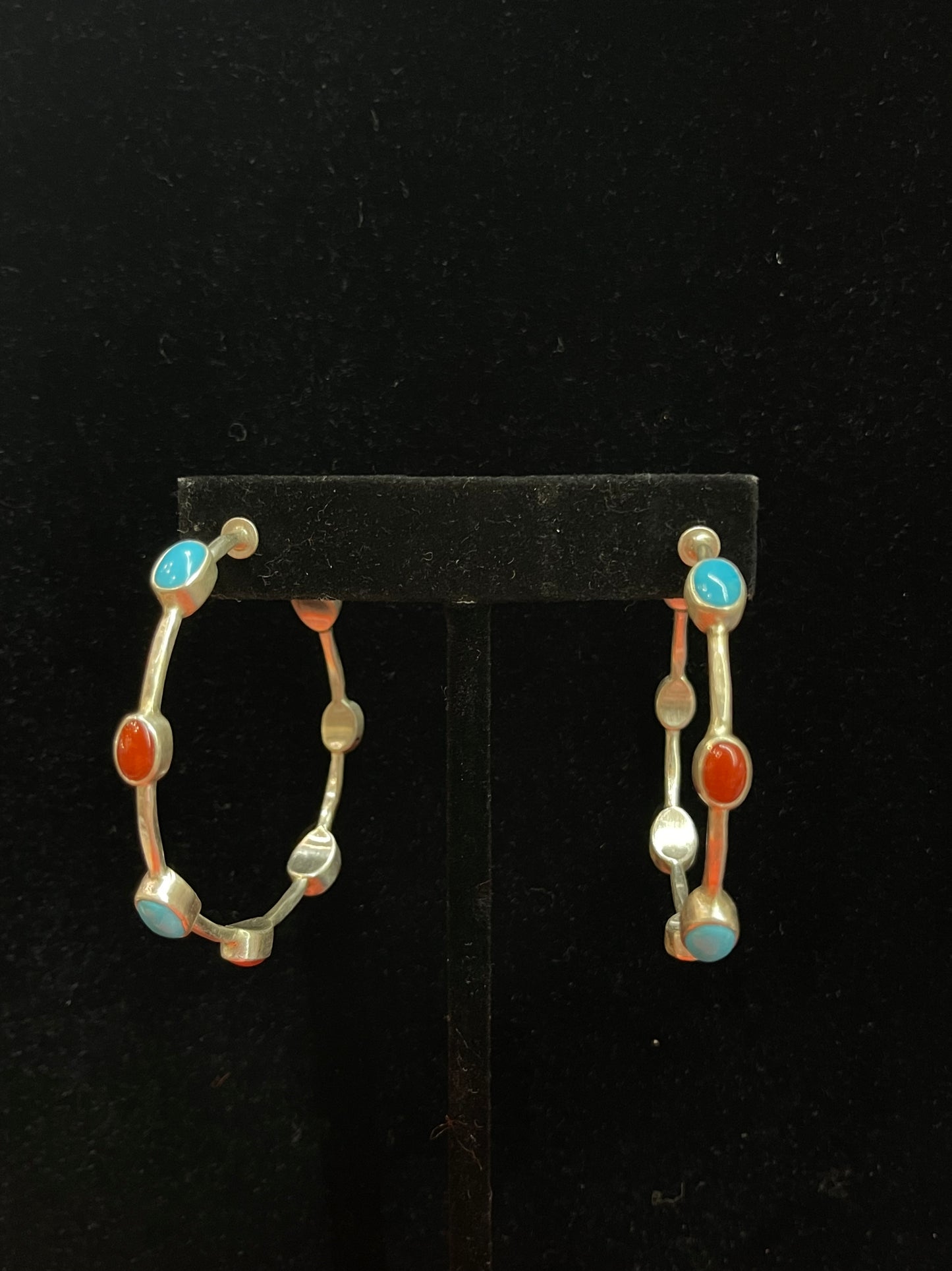 Post Hoop Earrings with Turquoise and Red Coral Stones