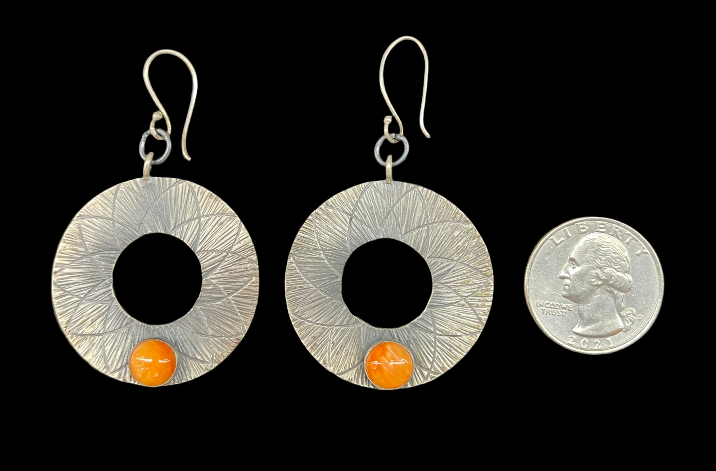 Orange Spiny Oyster Cabochon on Hook Dangle Earrings