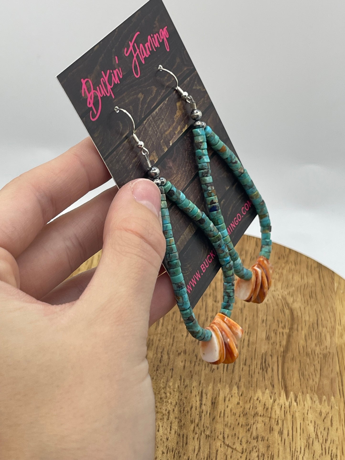 Orange Spiny and Turquoise Heishi Beaded Teardrop Dangle Earrings